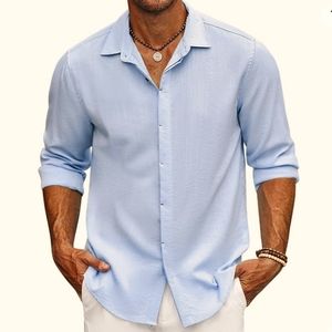 Mens light blue button up linen cotton blend casual dress shirt